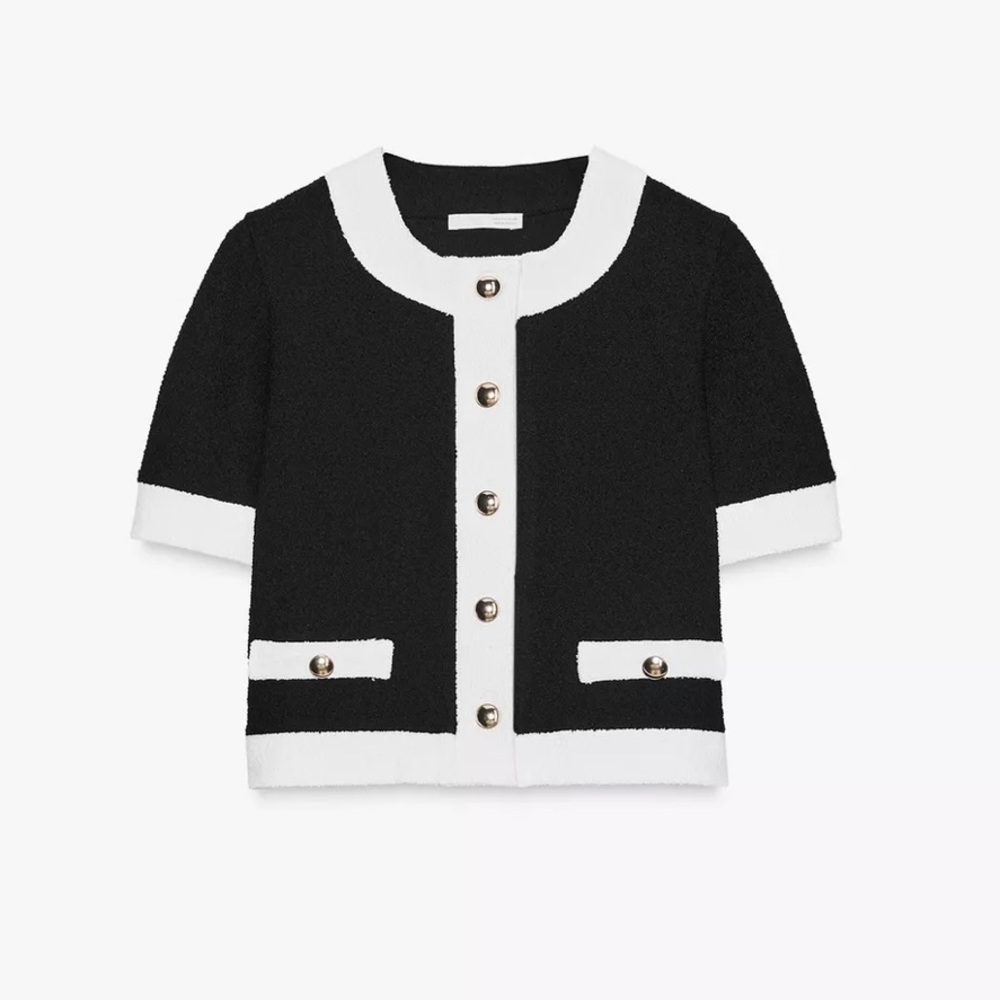 Zara Black and White Cropped Knit Button Cardigan - Picture 2 of 2